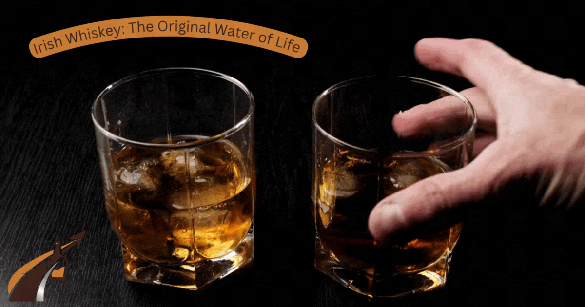 Title Text "Irish Whiskey: The Original Water of Life",  explorer to expert liquor website logo, two glasses of whiskey on the table, one hand hold one of the glasses and make a toast.